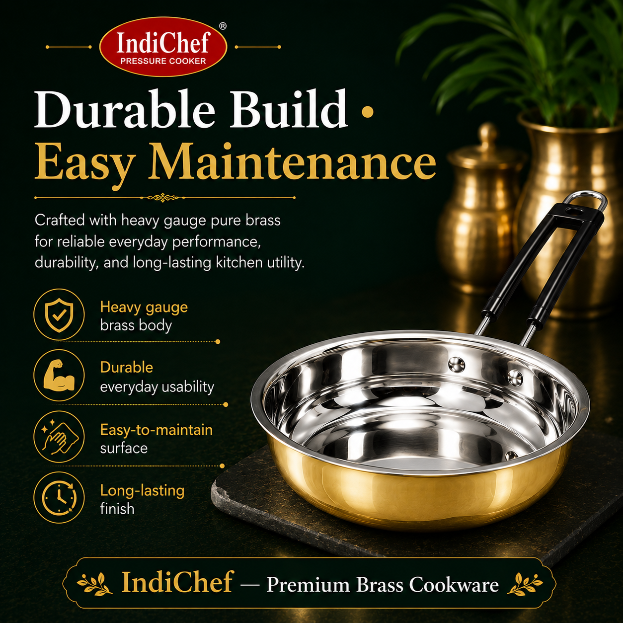 IndiChef Brass Frypan in heavy weight | Gas Stove & Induction Friendly | Insulated Heat-Resistant Handle | Pure Pital/Brass Tea Pan | Chemical-Free