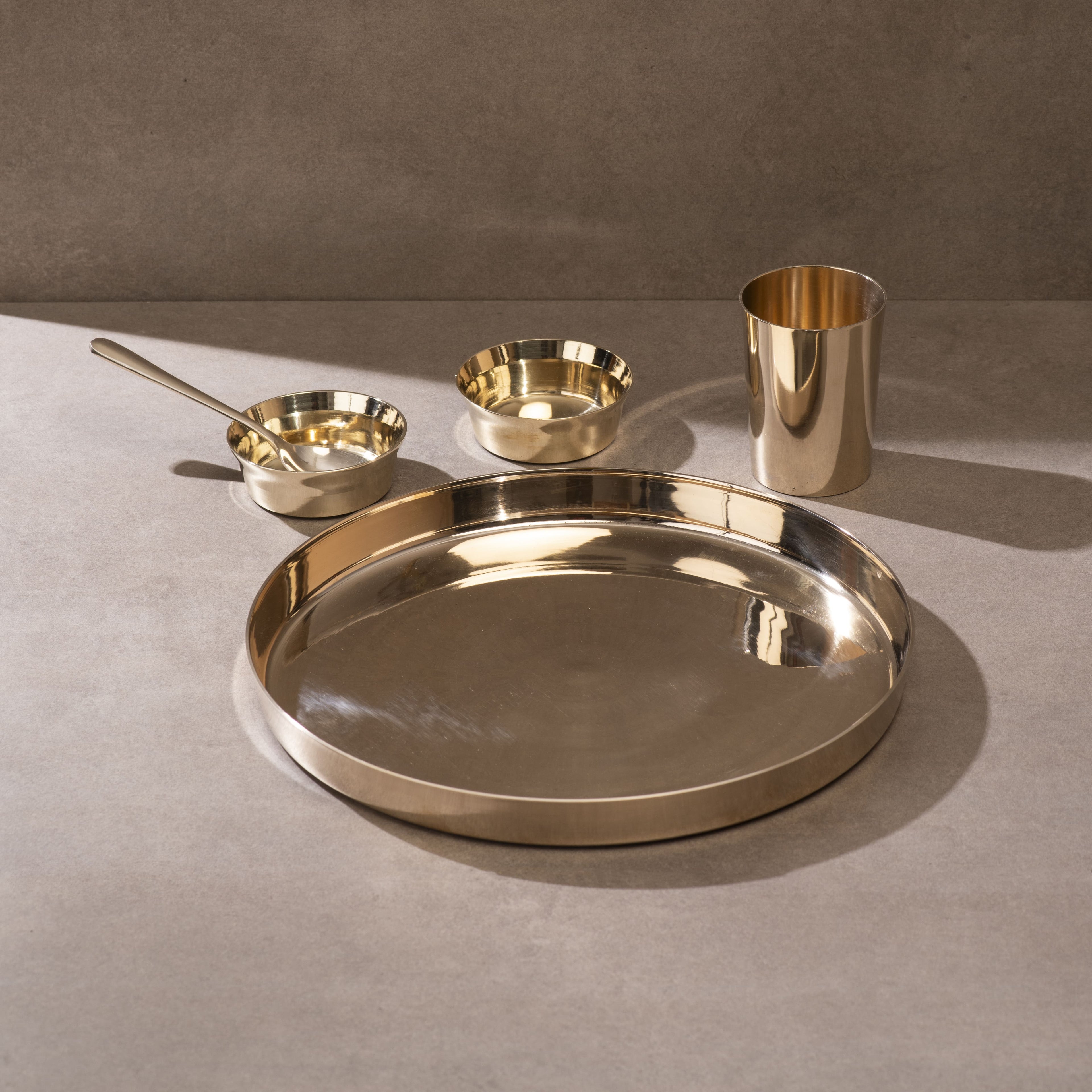 Kansa Dinner Thaali/Plate Set (10.5" Thaali/Plate) - 20 pieces dinner set (4 Thaalis, 8 Bowls, 4 Glasses and 4 Spoons)