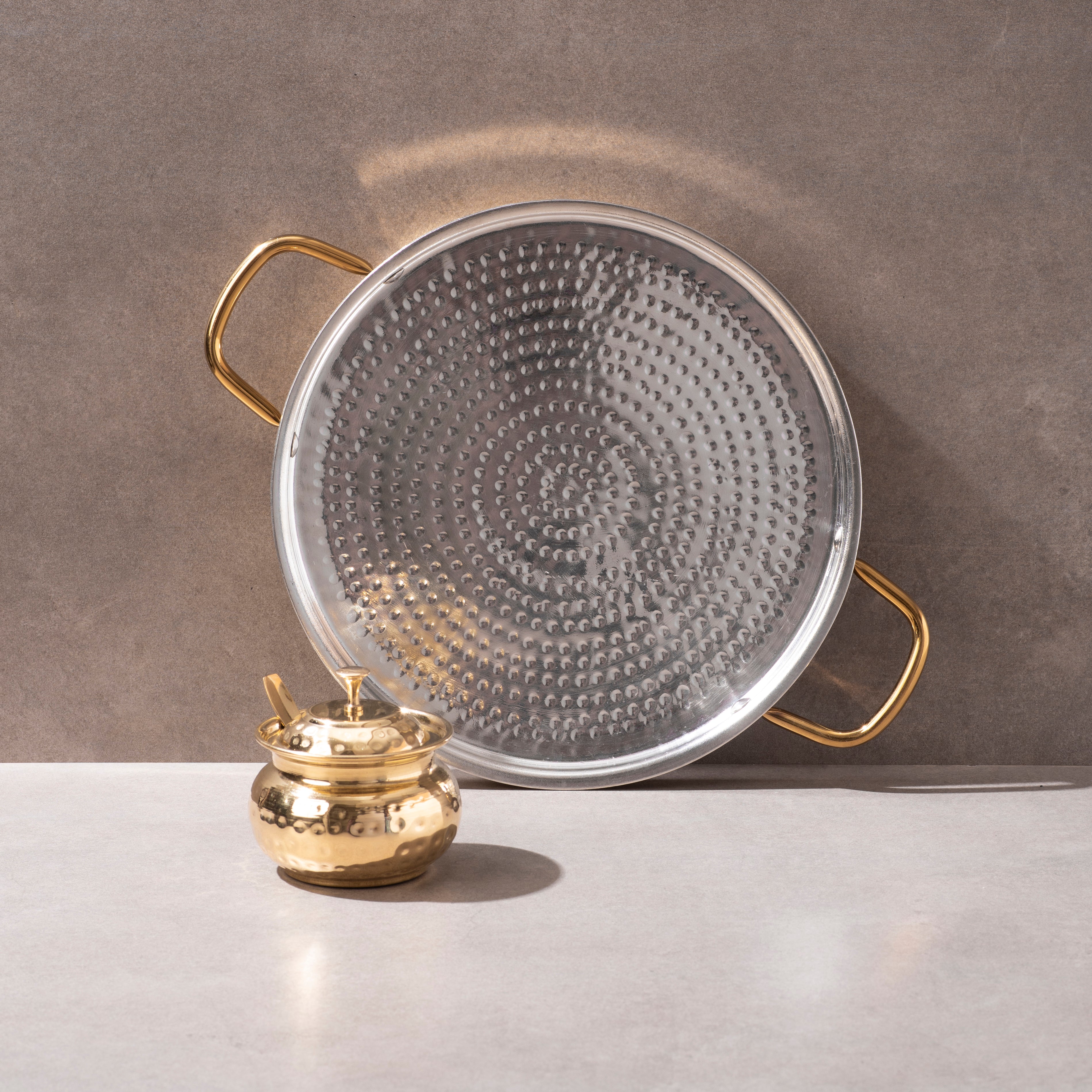 Brass Dosa Tawa with Insulated handles And Brass Ghee Pot Combo