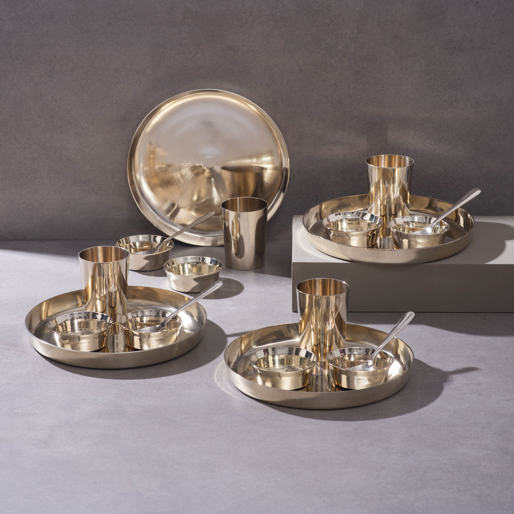 Kansa Dinner Thaali/Plate Set (10.5" Thaali/Plate) - 20 pieces dinner set (4 Thaalis, 8 Bowls, 4 Glasses and 4 Spoons)