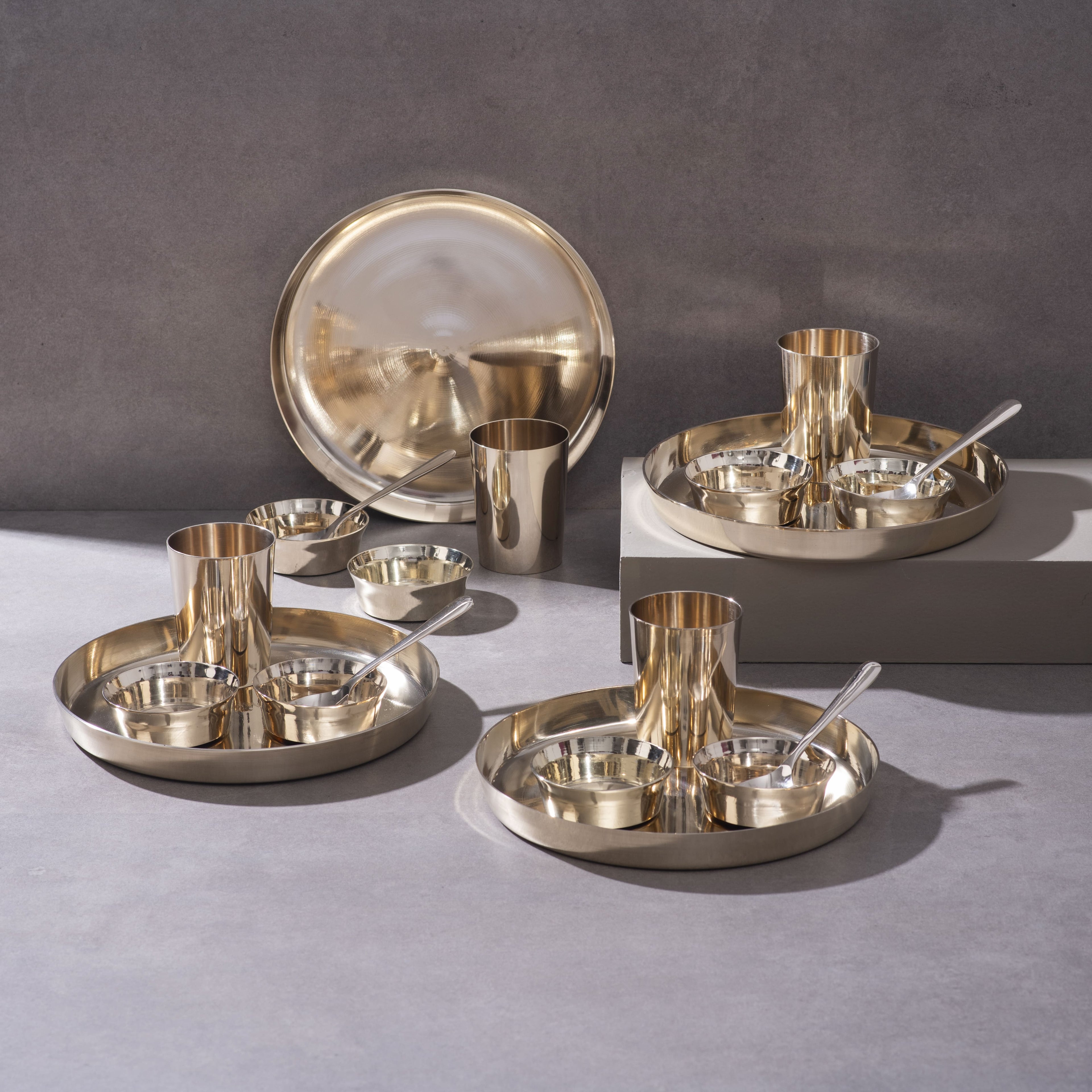 Kansa Dinner Thaali/Plate Set (10.5" Thaali/Plate) - 20 pieces dinner set (4 Thaalis, 8 Bowls, 4 Glasses and 4 Spoons)