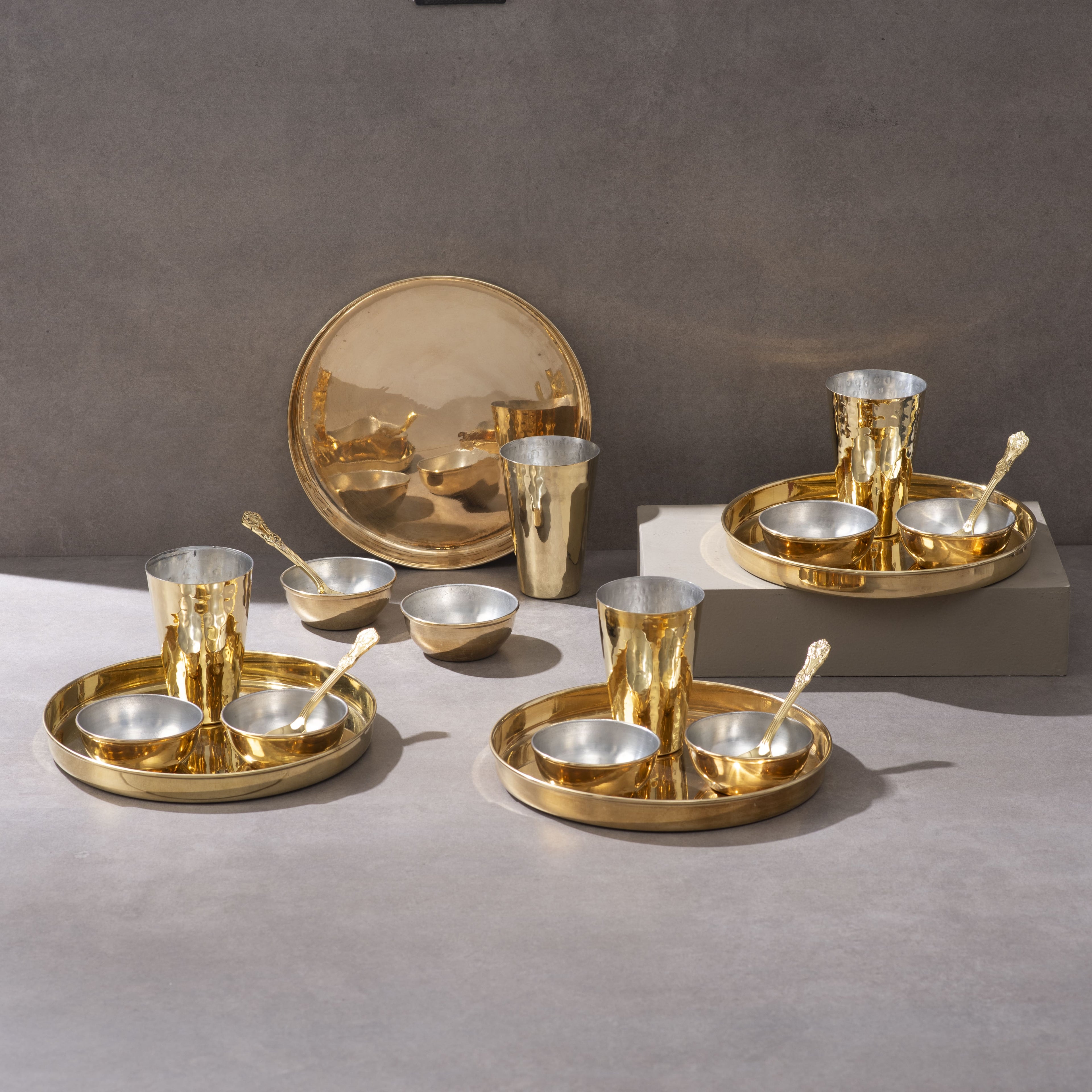 Brass Thaali Set - 20 pieces dinner set (4 Thaali, 8 bowls, 4 glass and 4 spoon)