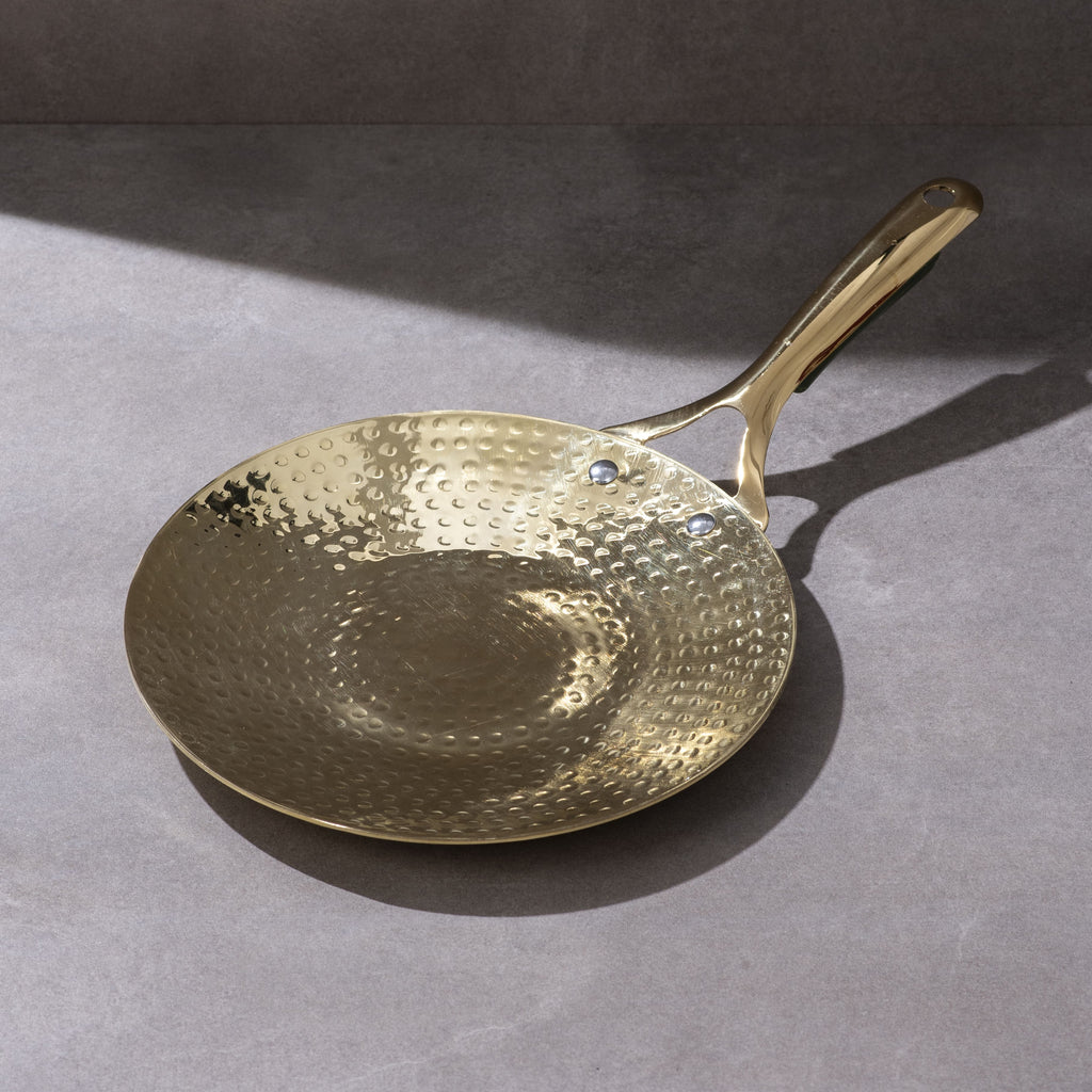 Brass Essentials Combo Set (Brass Roti Tawa with Insulated handle, Brass Ghee Pot, Brass Kadhai with Insulated handles & Glass lid)