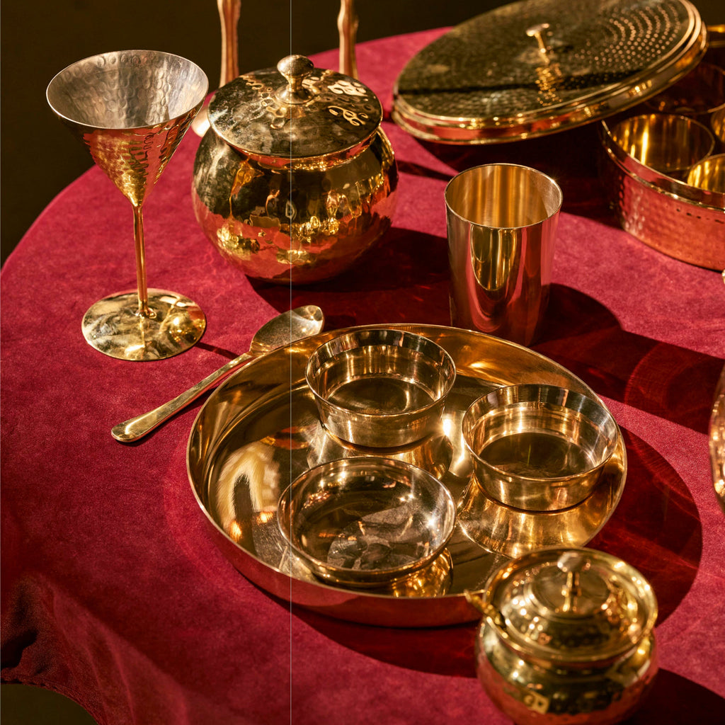Kansa Dinner Thaali/Plate Set (10.5" Thaali) - 5 pieces (1 Thaali, 2 Bowls, 1 glass and 1 spoon)
