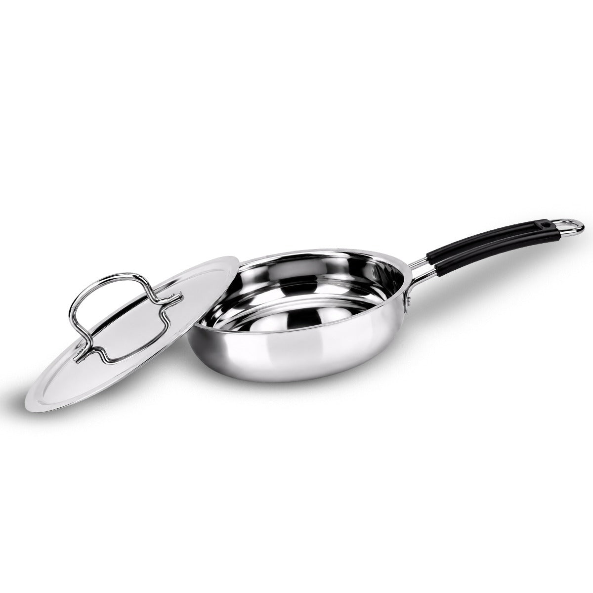 IndiChef Stainless Steel Induction friendly Fry Pan with Lid | Heavy Gauge Steel Frypan | Gas Stove & Induction Friendly | Heavy Bottom Cookware |