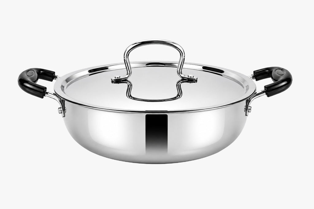 IndiChef Stainless Steel Induction friendly Kadahi with Lid | Heavy Gauge Steel Kadahi | Gas Stove & Induction Friendly | Heavy Bottom Cookware |
