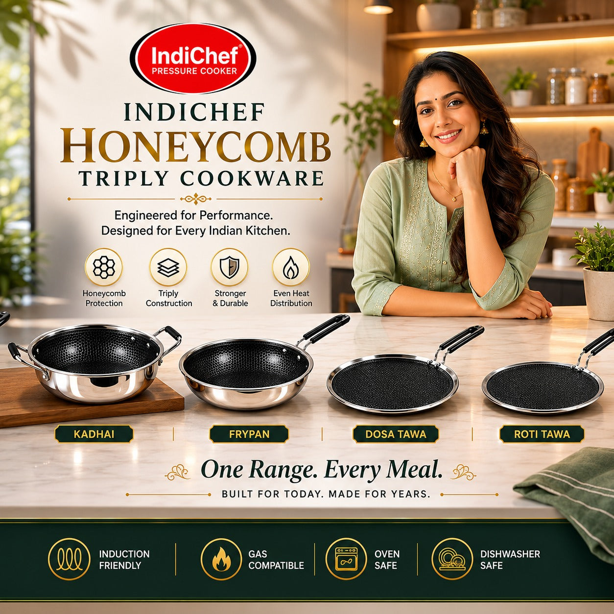 IndiChef Honeycomb triply Stainless Steel kadahi/kadhai with Lid | Heavy-Duty Base for Less-oil, Healthy Cooking | Suitable for Induction & Gas | Durable, Scratch-Resistant Surface | 60 month warranty
