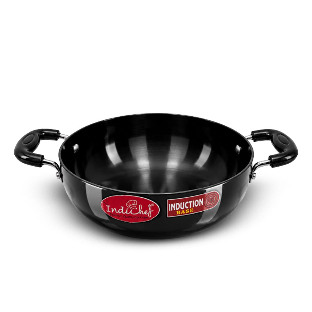 IndiChef Hard Anodised Kadhai with Lid | Gas Stove & Induction Friendly | Metal Spoon Safe | Riveted Handle | Easy to Clean |