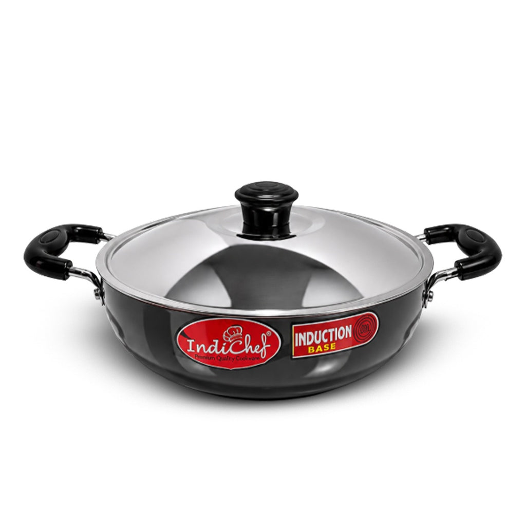 IndiChef Hard Anodised Kadhai with Lid | Gas Stove & Induction Friendly | Metal Spoon Safe | Riveted Handle | Easy to Clean |