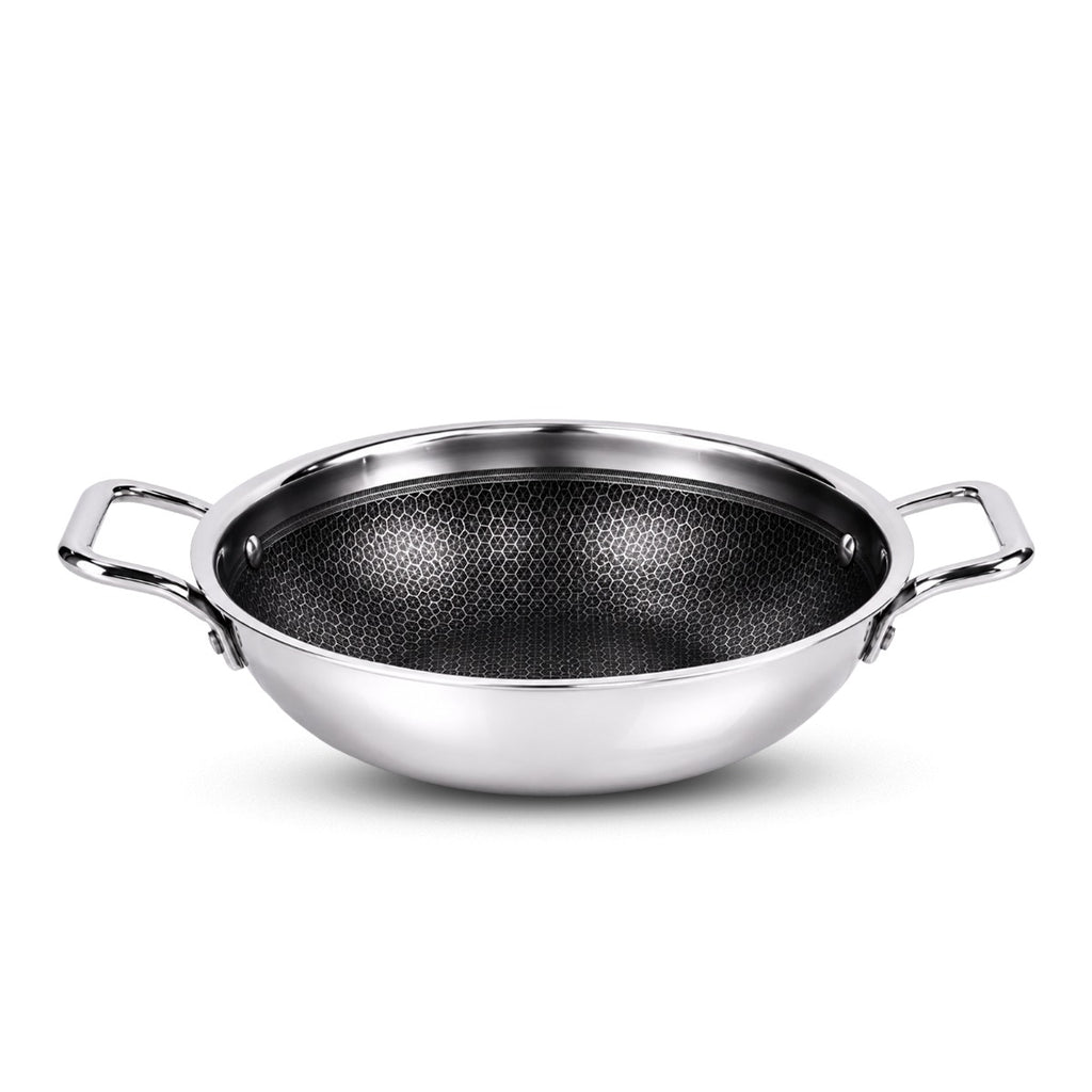 IndiChef Honeycomb triply Stainless Steel kadahi/kadhai with Lid | Heavy-Duty Base for Less-oil, Healthy Cooking | Suitable for Induction & Gas | Durable, Scratch-Resistant Surface | 60 month warranty