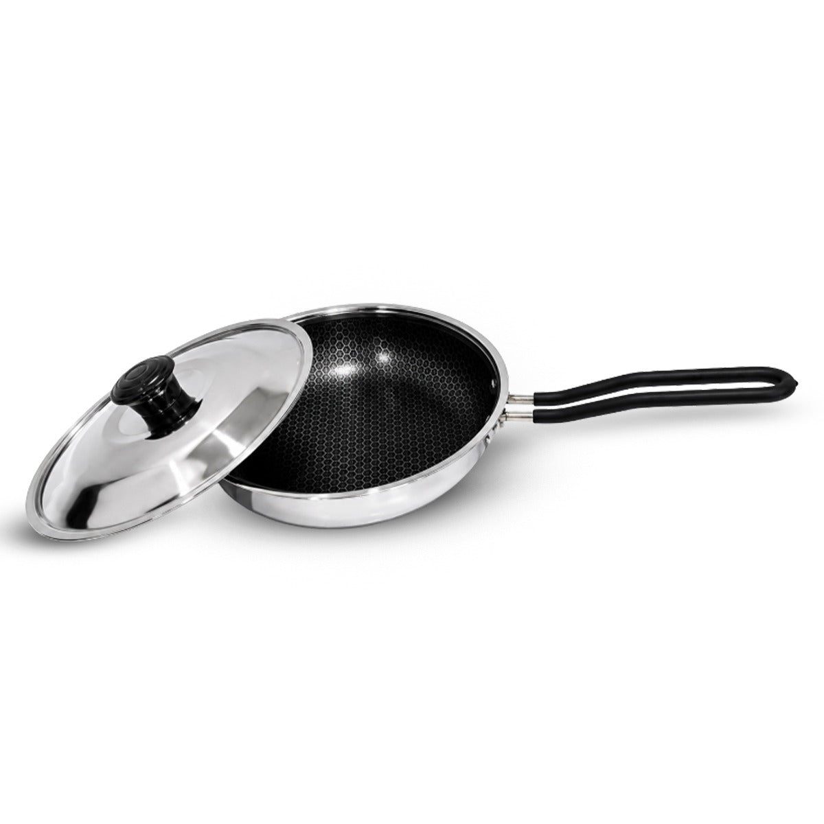 IndiChef Honeycomb Triply Stainless Steel Fry Pan with Lid | Heavy-Duty Base for Less-Oil, Healthy Cooking | Suitable for Induction & Gas | Durable, Scratch-Resistant Surface | 60 month warranty