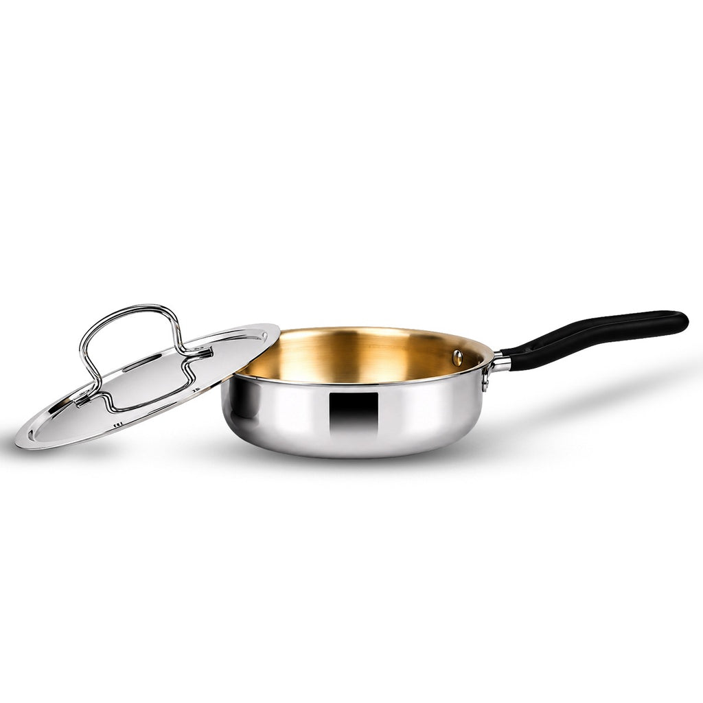 IndiChef Brass Triply Frypan in heavy weight with Lid | Gas Stove & Induction Friendly | Insulated Heat-Resistant Handle | Pure Pital/Brass Tea Pan with Triply body | Chemical-Free