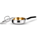 IndiChef Brass Triply Frypan in heavy weight with Lid | Gas Stove & Induction Friendly | Insulated Heat-Resistant Handle | Pure Pital/Brass Tea Pan with Triply body | Chemical-Free