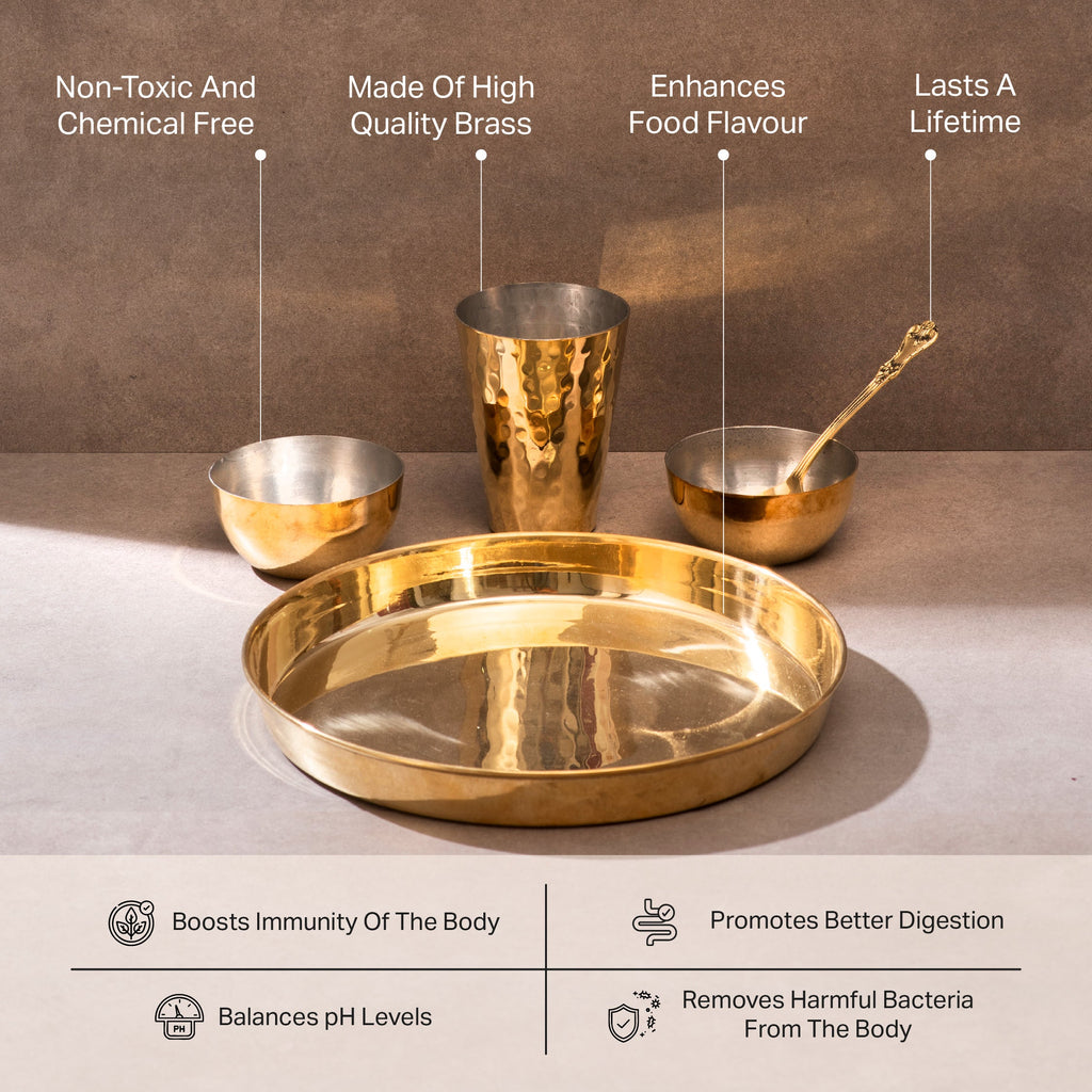 Brass Thaali Set - 5 pieces set (1 Thaali, 2 bowls, 1 glass and 1 spoon