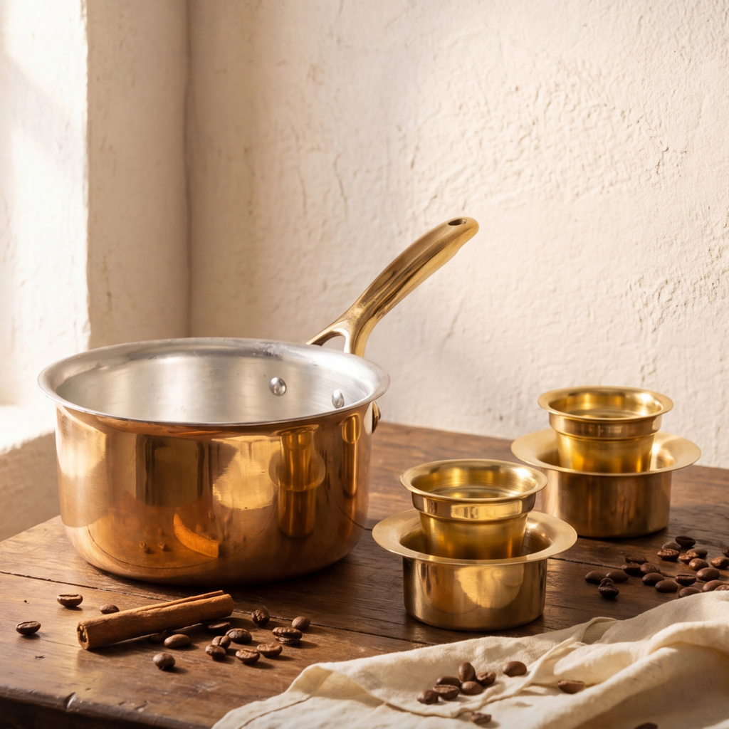 Filter Kaapi Starter Kit (Brass Davara Coffee Set + Brass Saucepan with Insulated Handle)