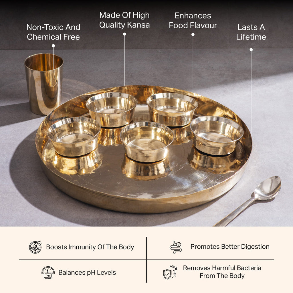 Kansa Dinner Thaali Set (Thaali -13.5") - 8 pieces set (1 pc Thaali, 5 pieces bowls, 1 pc glass, 1 pc spoon)