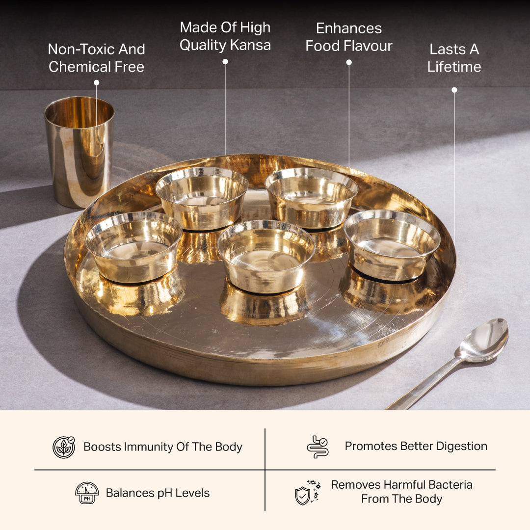 Kansa Dinner Thaali Set (Thaali -13.5") - 8 pieces set (1 pc Thaali, 5 pieces bowls, 1 pc glass, 1 pc spoon)