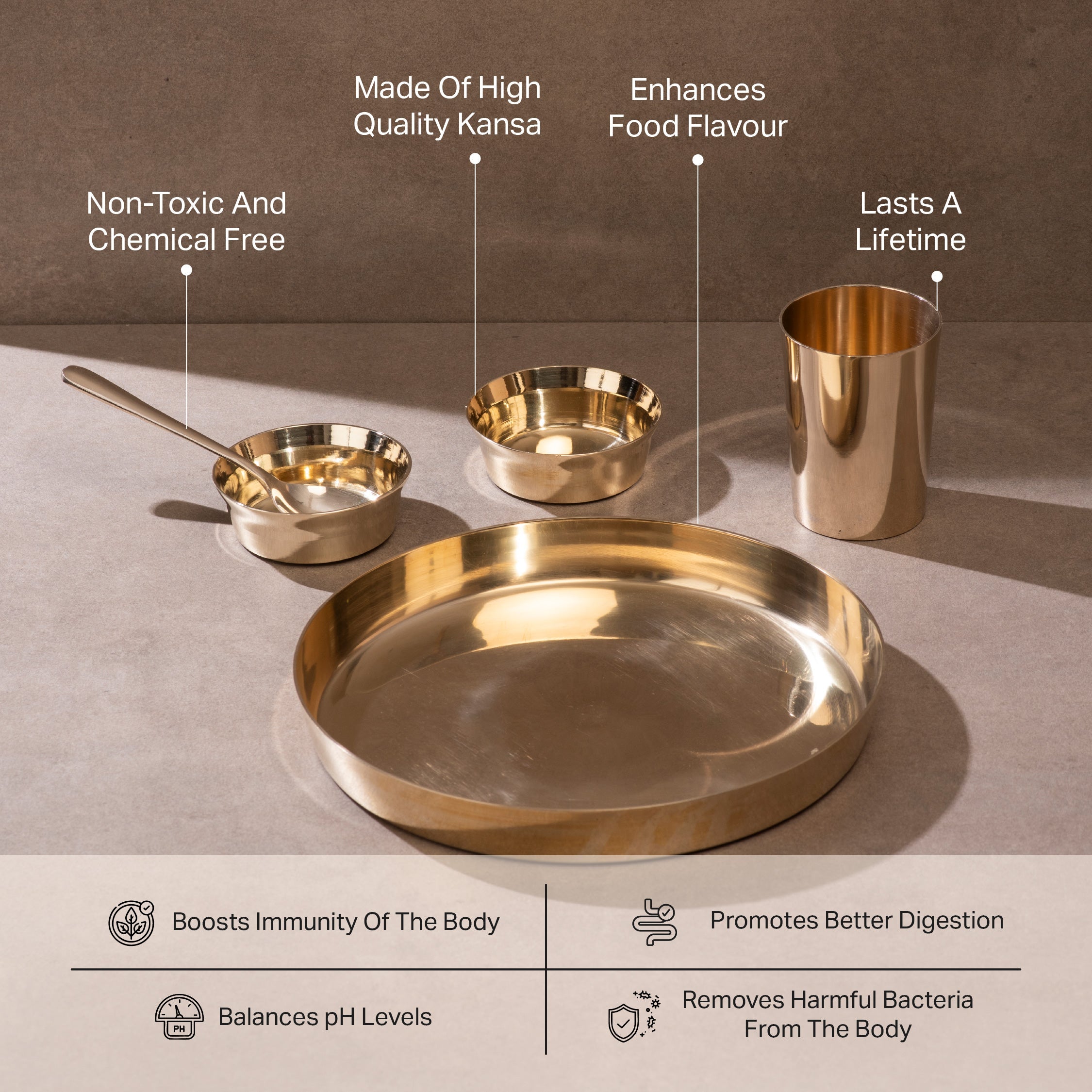 Kansa Dinner Thaali/Plate Set (10.5" Thaali/Plate) - 30 pieces dinner set (6 Thaalis, 12 Bowls, 6 Glasses and 6 Spoons)