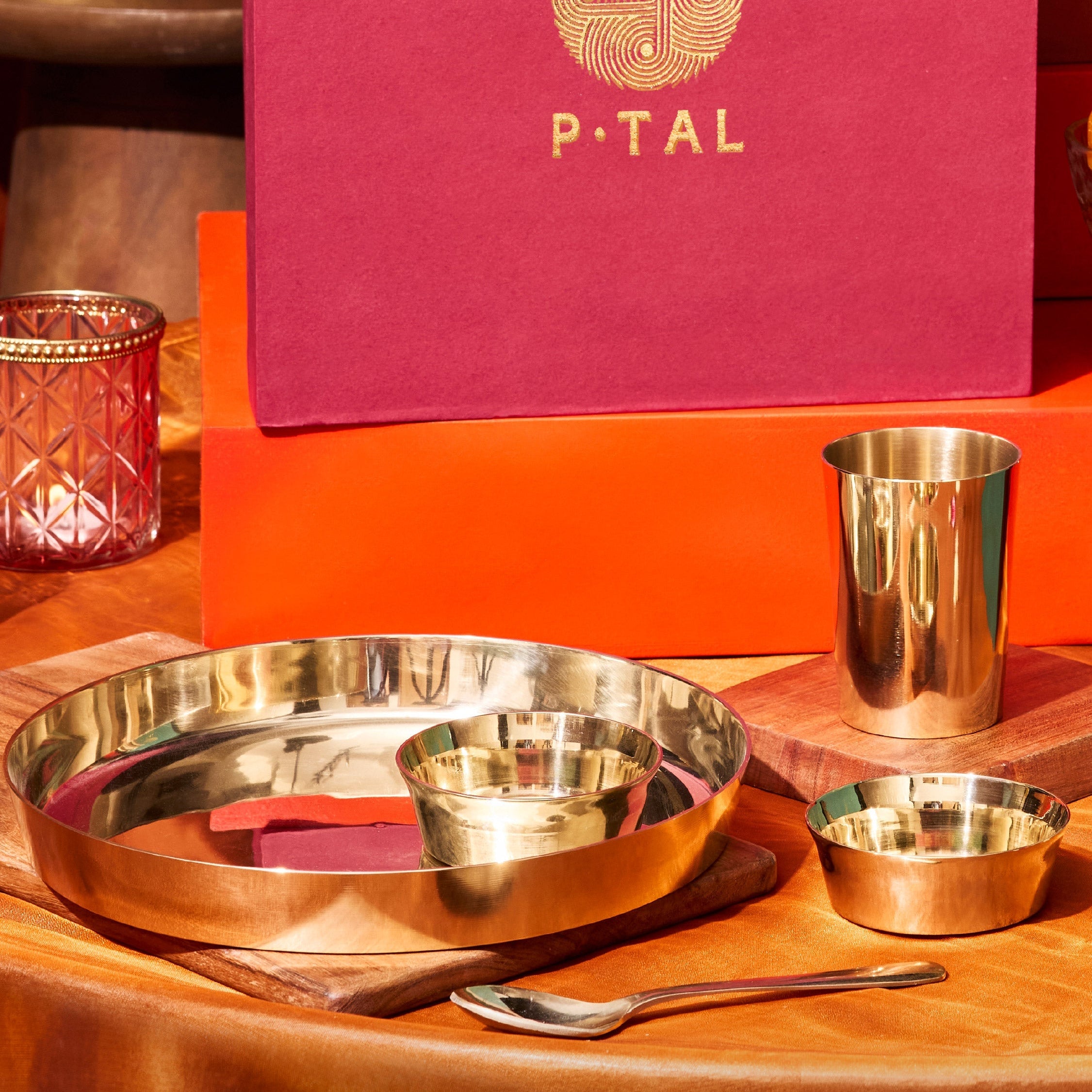 Kansa Dinner Thaali/Plate Set (10.5" Thaali) - 5 pieces (1 Thaali, 2 Bowls, 1 glass and 1 spoon)