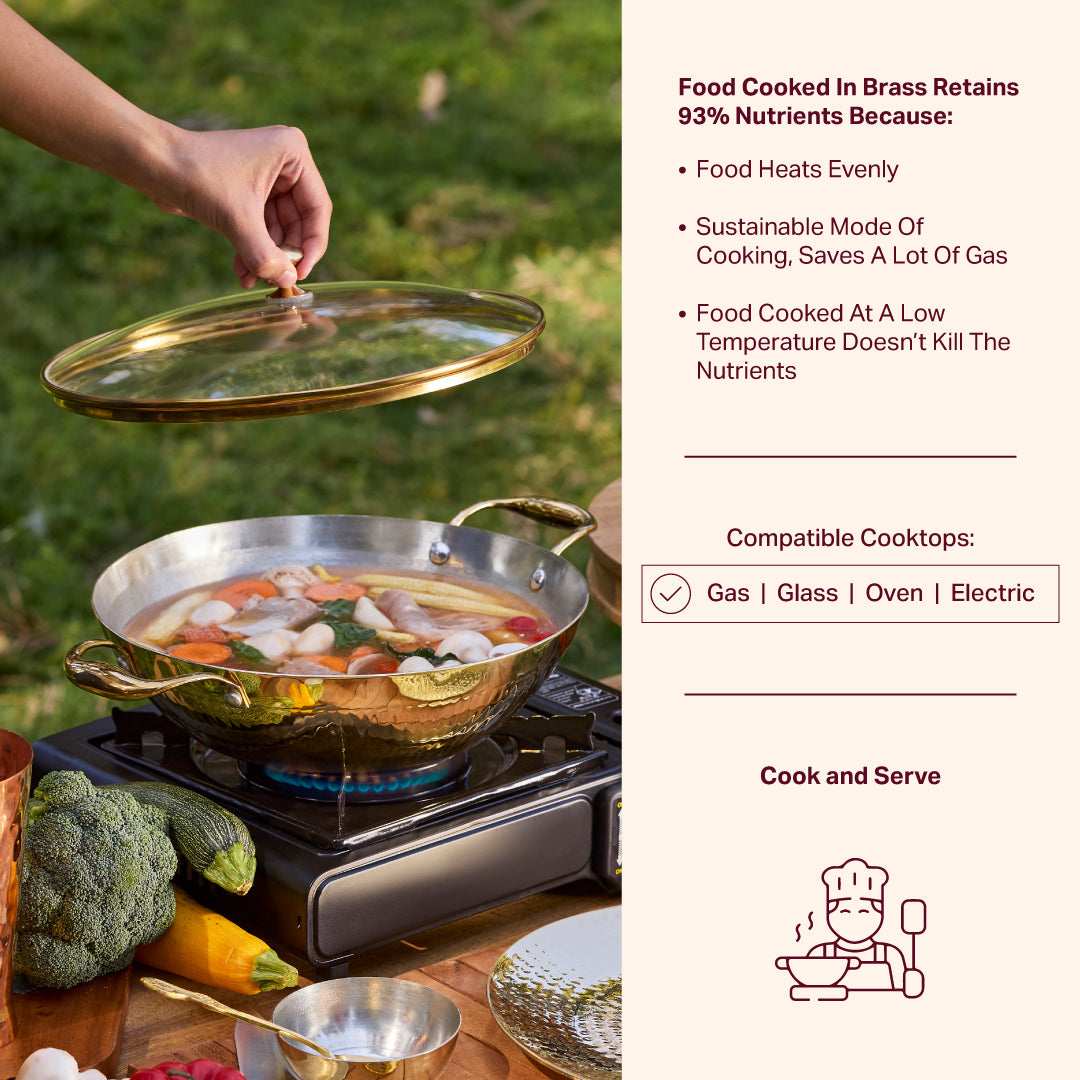 Flat Base Brass Kadhai with Glass Lid-Naturally non stick, Non Toxic, Teflon Free