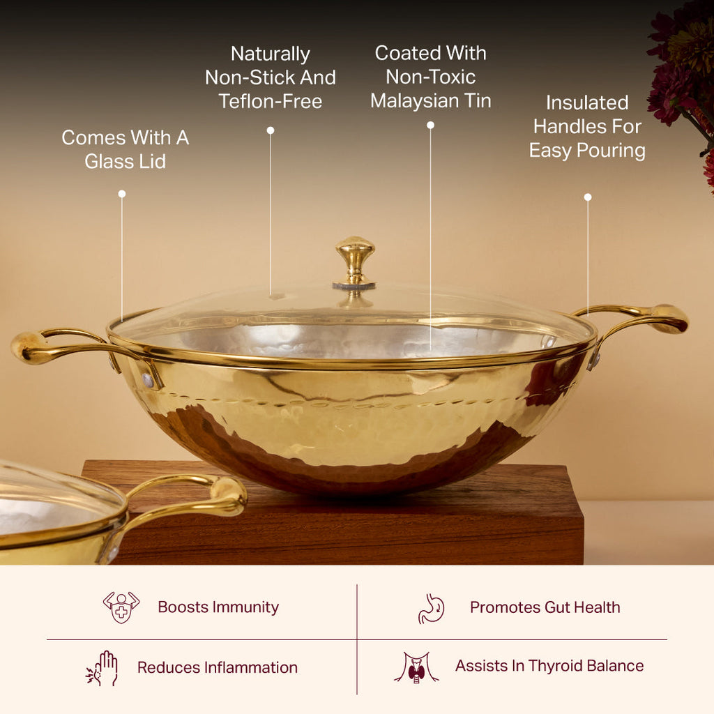 Brass Essentials Combo Set (Brass Roti Tawa with Insulated handle, Brass Ghee Pot, Brass Kadhai with Insulated handles & Glass lid)