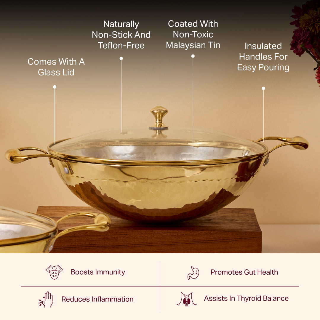 Brass Essentials Combo Set (Brass Roti Tawa with Insulated handle, Brass Ghee Pot, Brass Kadhai with Insulated handles & Glass lid)