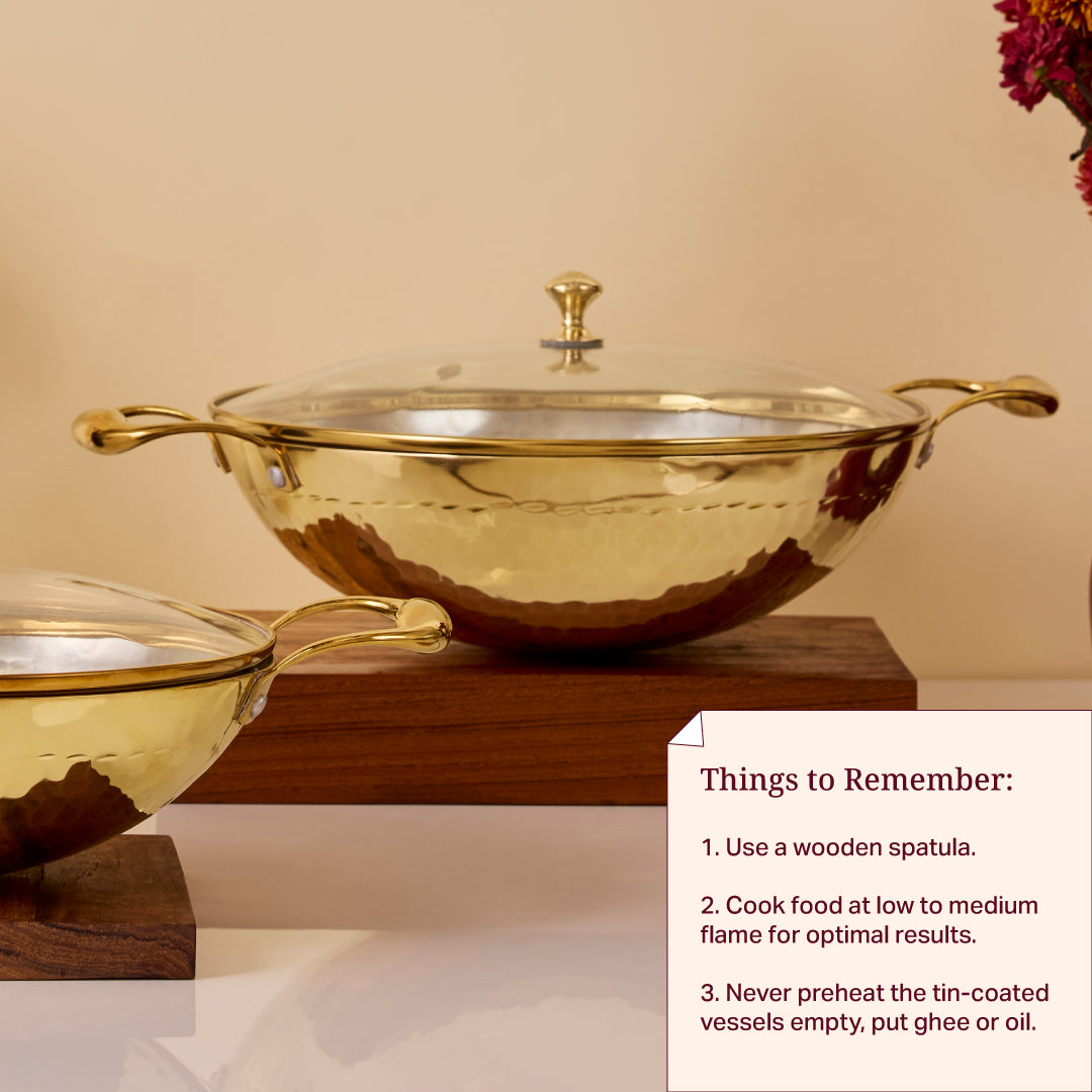 Set of 3 Brass Kadhais with Glass Lid (1.5L round base, 3L round base, 3L flat base)
