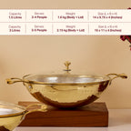 Set of 3 Brass Kadhais with Glass Lid (1.5L round base, 3L round base, 3L flat base)